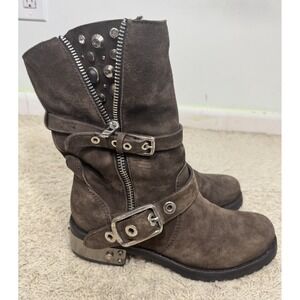 BALDAN Women's Brown Suede Crystal Studded Biker BOOTS Size 36 US 6